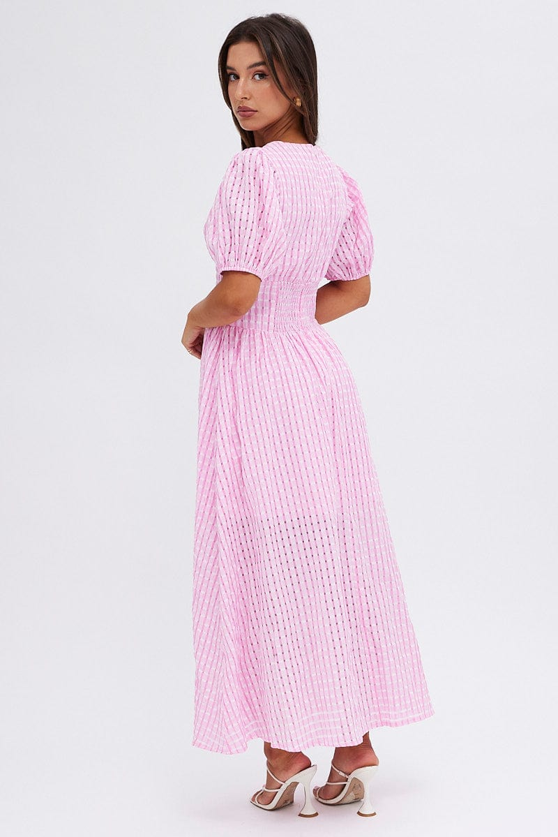 Pink Check Midi Dress Puff Sleeve V-Neck