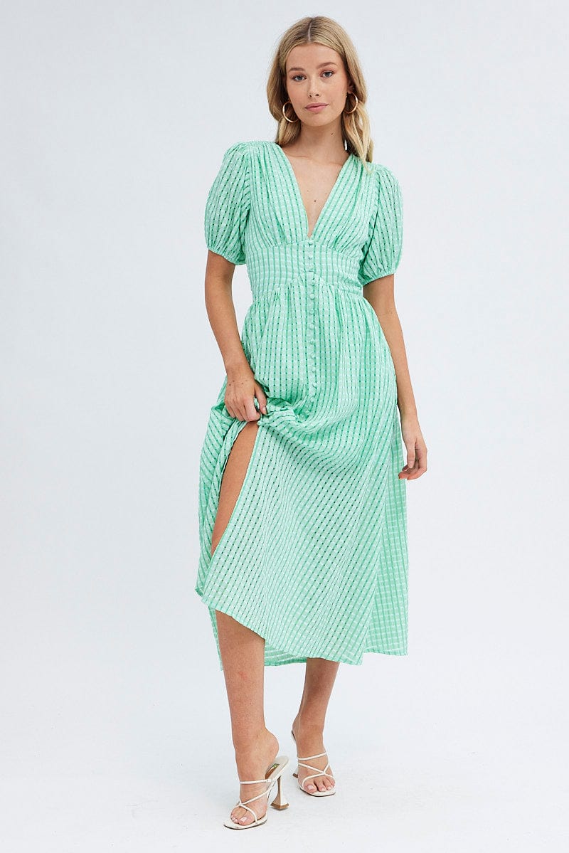 Green Check Check Puff Sleeve Midi Dress