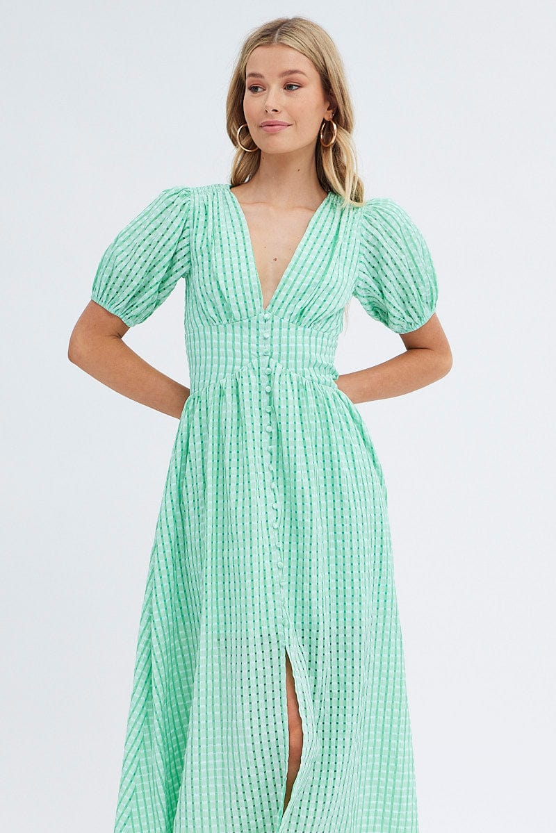 Green Check Check Puff Sleeve Midi Dress