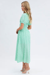 Green Check Check Puff Sleeve Midi Dress