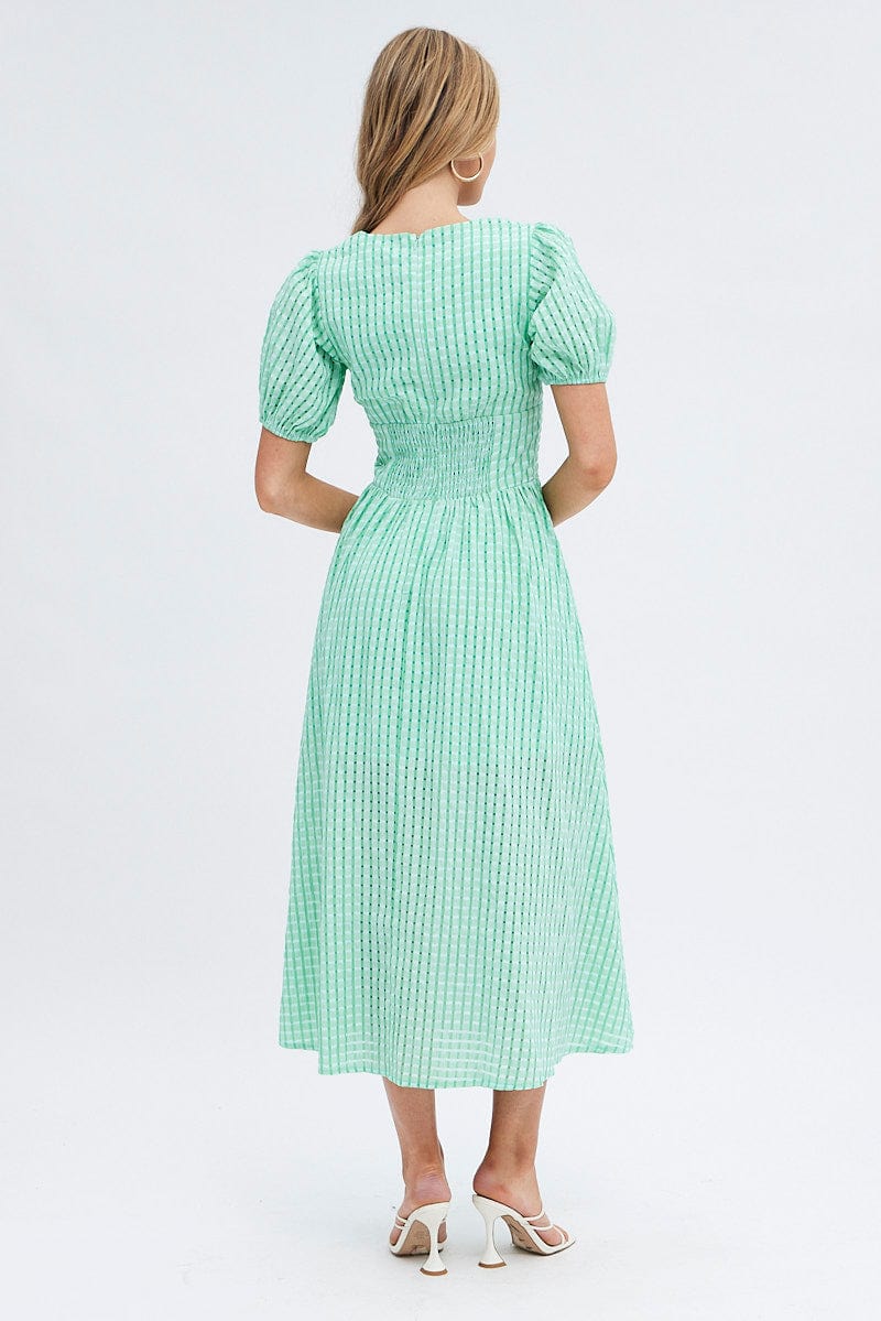 Green Check Check Puff Sleeve Midi Dress