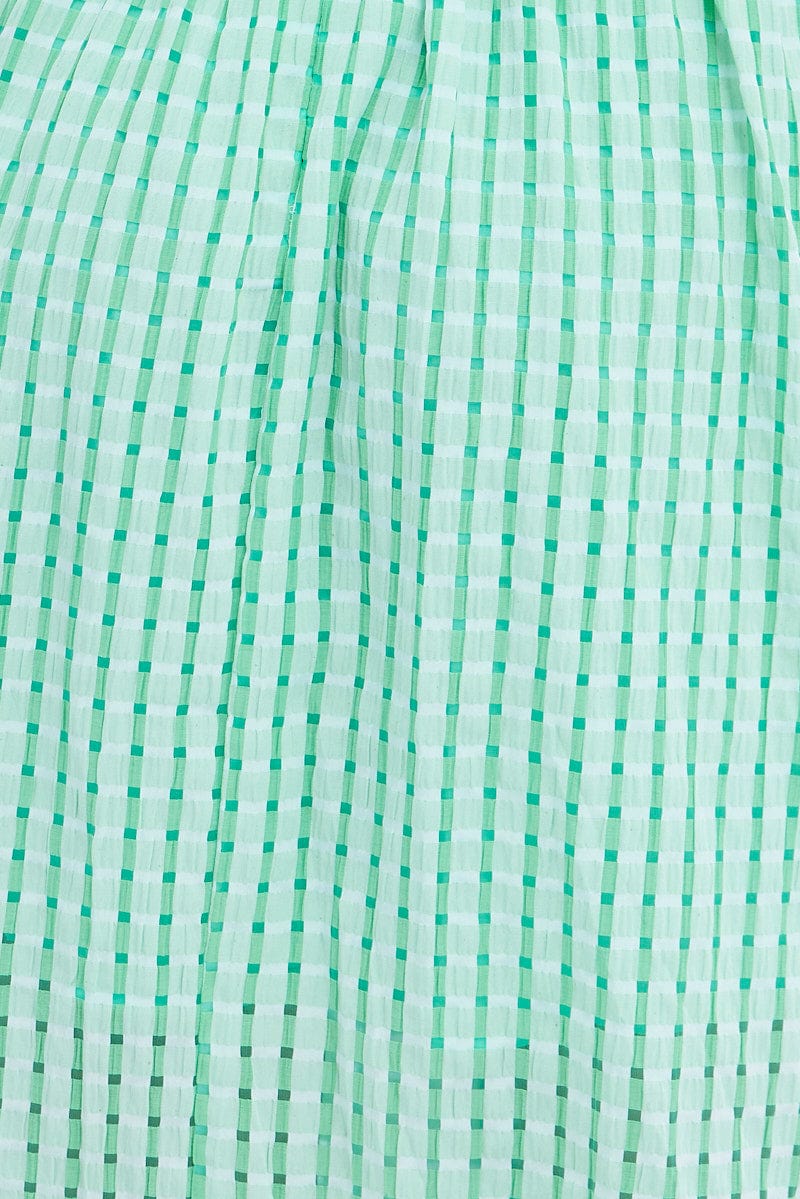 Green Check Check Puff Sleeve Midi Dress