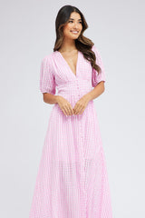 Purple Check Midi Dress Puff Sleeve