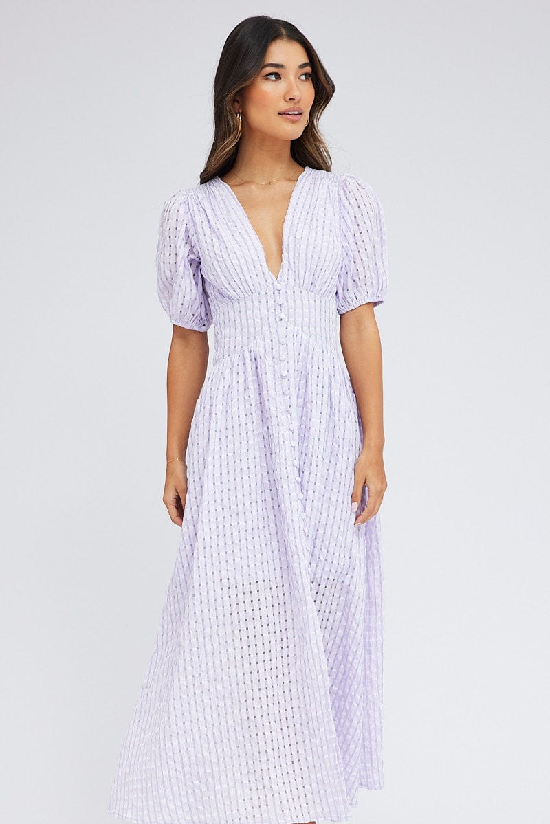 Purple Check Midi Dress Puff Sleeve