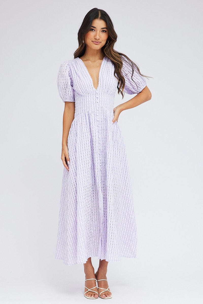 Purple Check Midi Dress Puff Sleeve