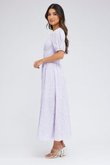 Purple Check Midi Dress Puff Sleeve