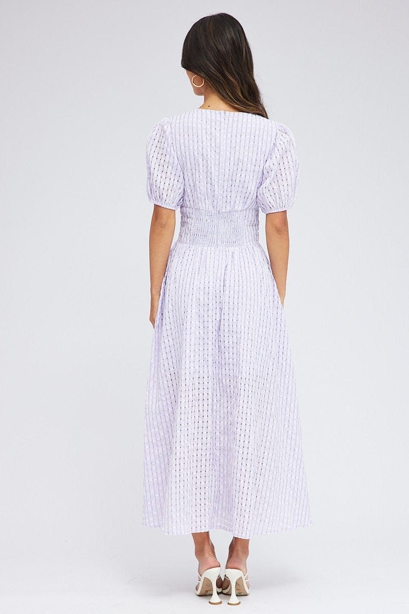 Purple Check Midi Dress Puff Sleeve