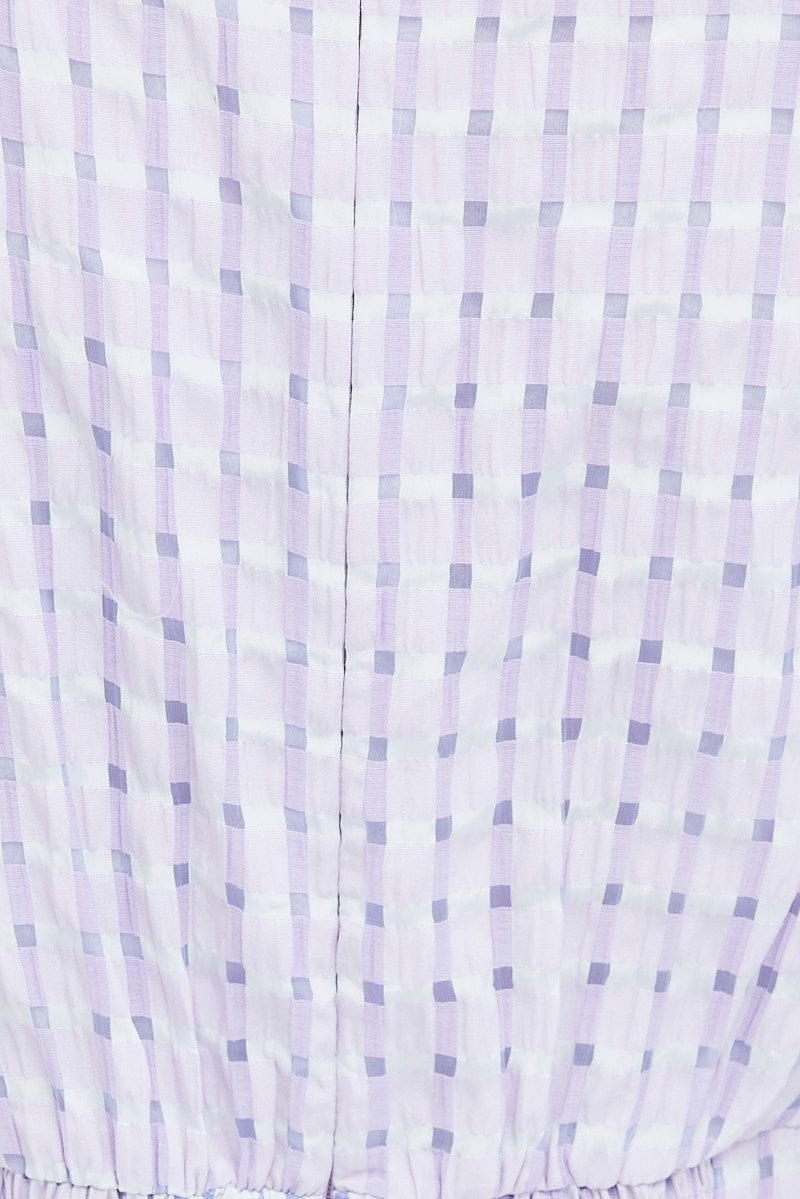 Purple Check Midi Dress Puff Sleeve