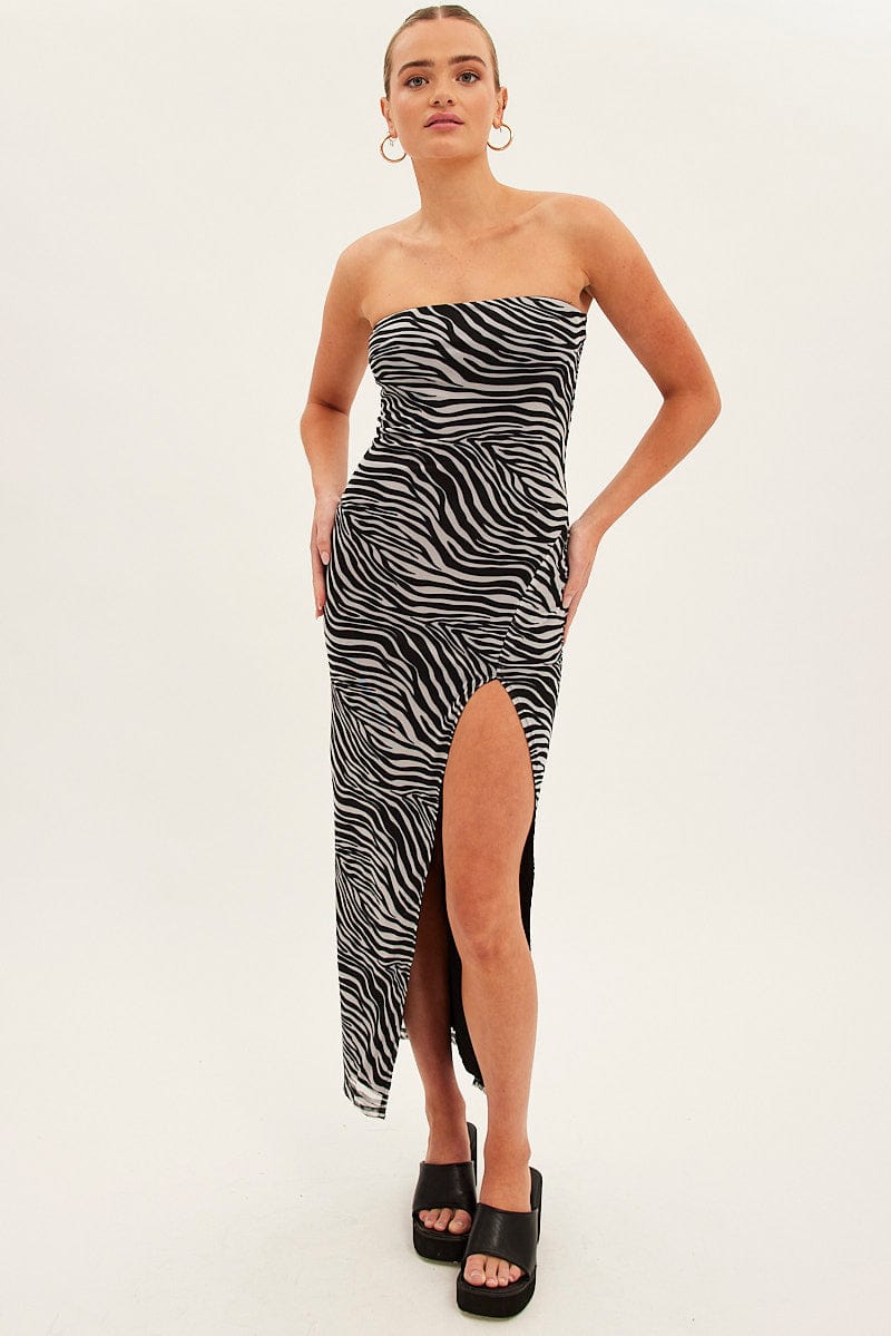 Black Animal Print Bodycon Dress Midi Strapless Side Split Mesh