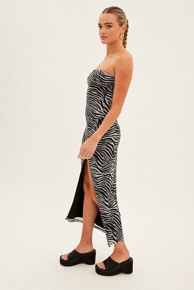 Black Animal Print Bodycon Dress Midi Strapless Side Split Mesh