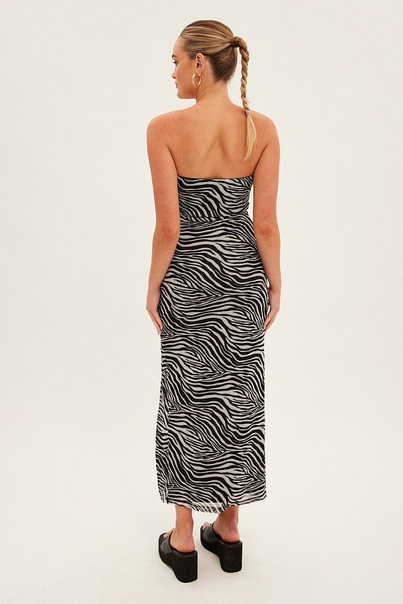 Black Animal Print Bodycon Dress Midi Strapless Side Split Mesh