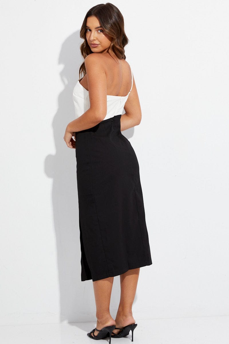 Black Midi Dress One Shoulder Asymmetric Color Block