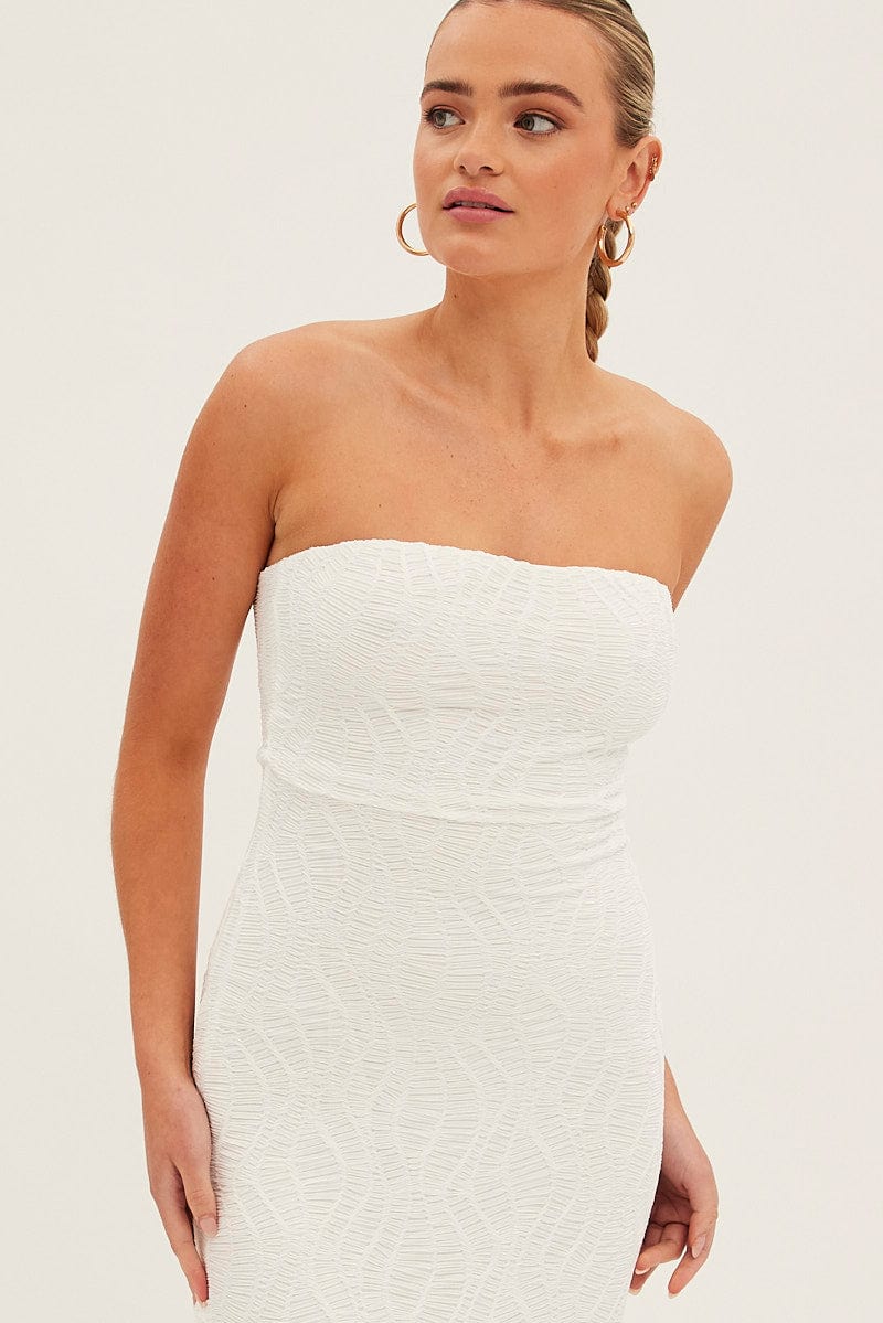 White Midi Dress Strapless Textured