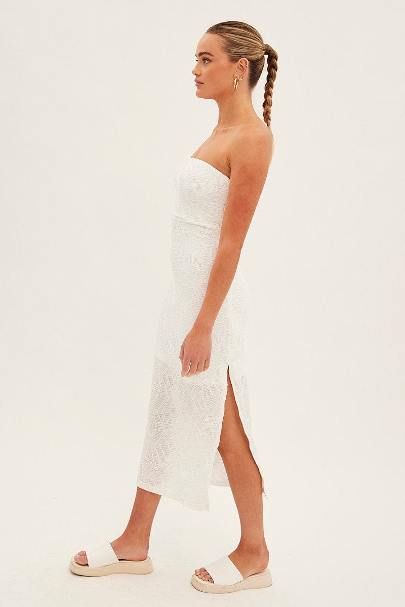 White Midi Dress Strapless Textured