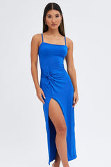 Blue Bodycon Maxi Dress Sleeveless Side Split