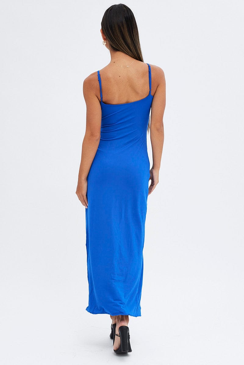 Blue Bodycon Maxi Dress Sleeveless Side Split