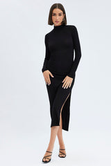 Black Midi Dress Long Sleeve High Neck Rib Jersey