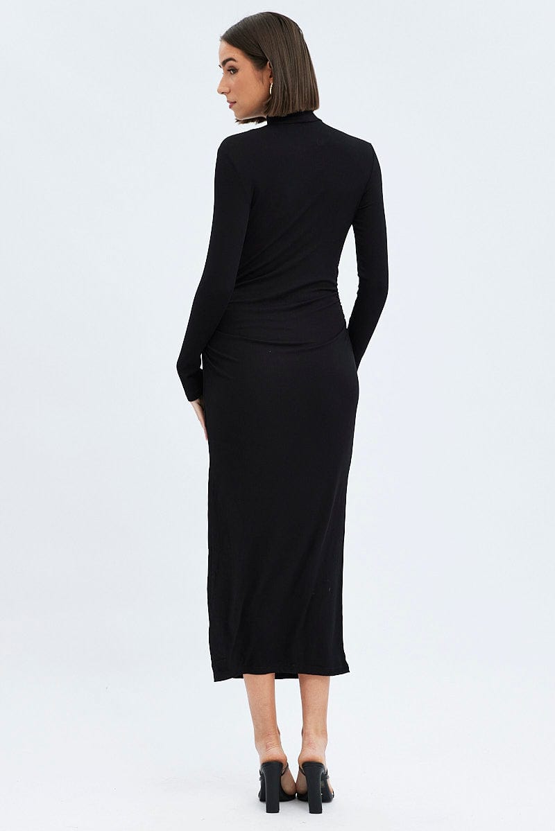 Black Midi Dress Long Sleeve High Neck Rib Jersey