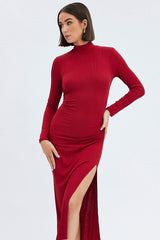 Red Midi Dress Long Sleeve High Neck Rib Jersey