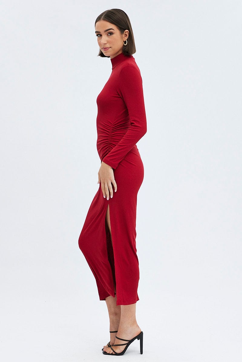 Red Midi Dress Long Sleeve High Neck Rib Jersey