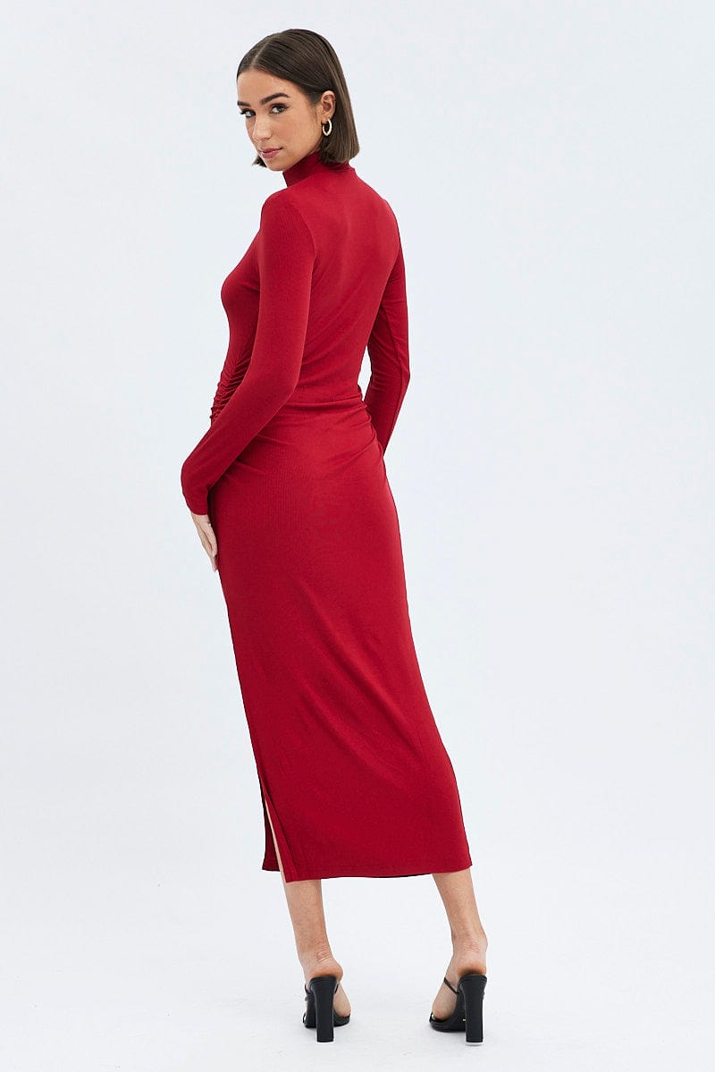 Red Midi Dress Long Sleeve High Neck Rib Jersey