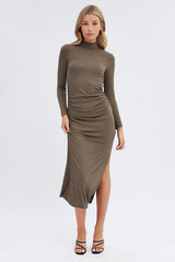 Green Midi Dress Long Sleeve High Neck Rib Jersey