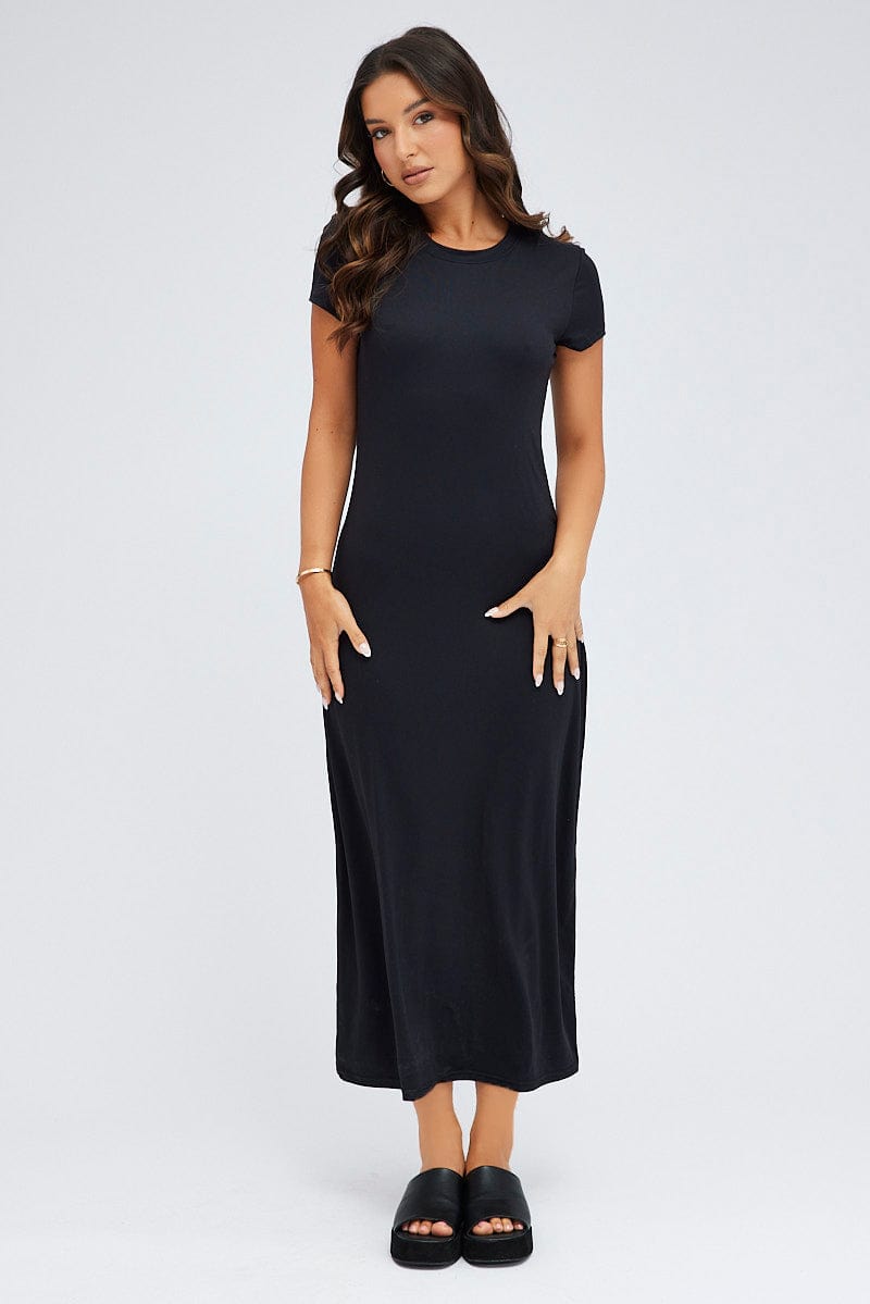 Black Maxi Dress Short Sleeve Bodycon SuperSoft