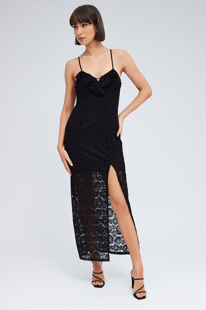 Black Maxi Dress Sleeveless Side Split Lace