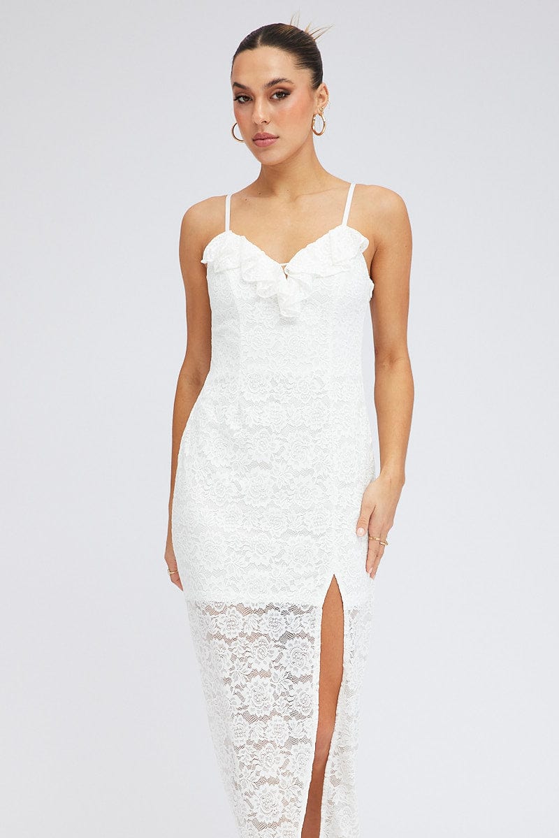 White Maxi Dress Sleeveless Side Split Lace