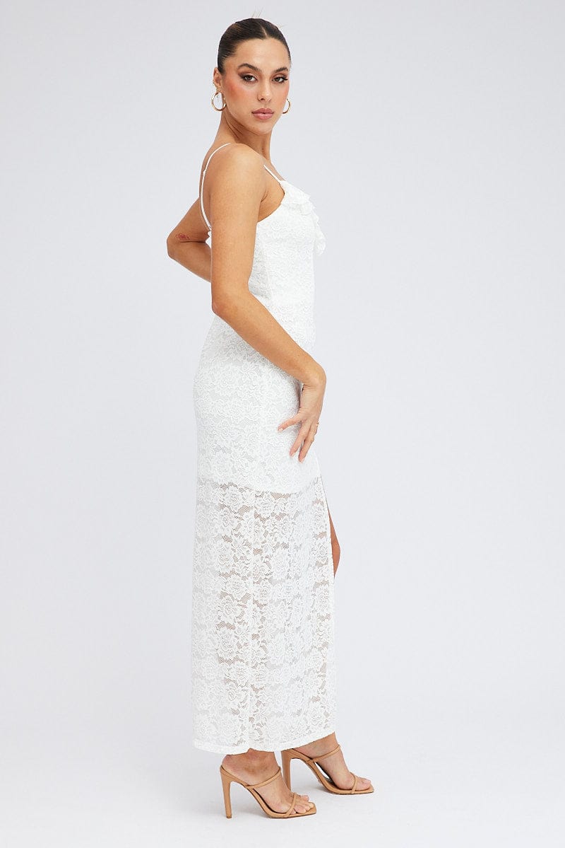 White Maxi Dress Sleeveless Side Split Lace