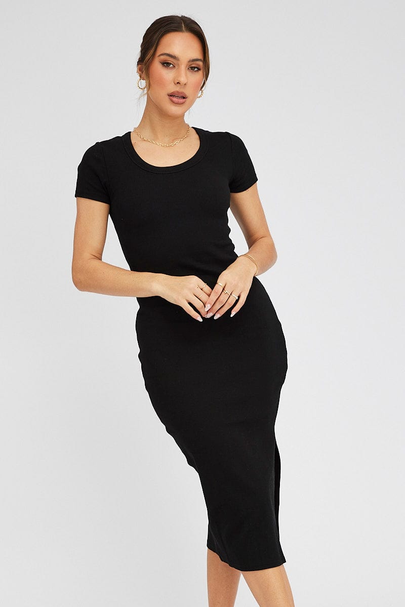 Black Midi Dress Short Sleeve Rib