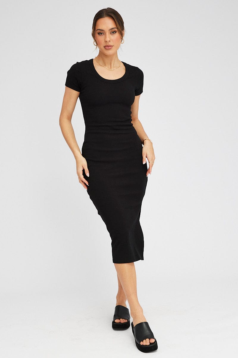 Black Midi Dress Short Sleeve Rib