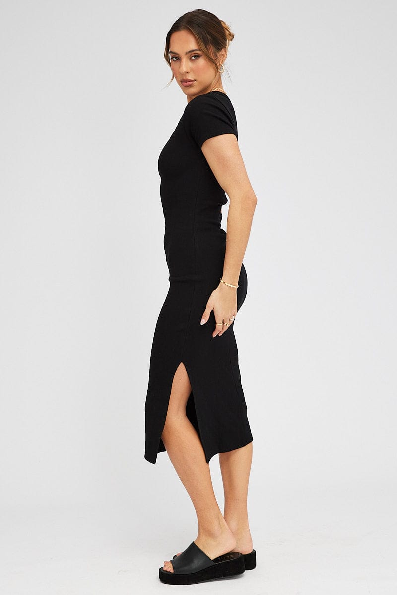 Black Midi Dress Short Sleeve Rib