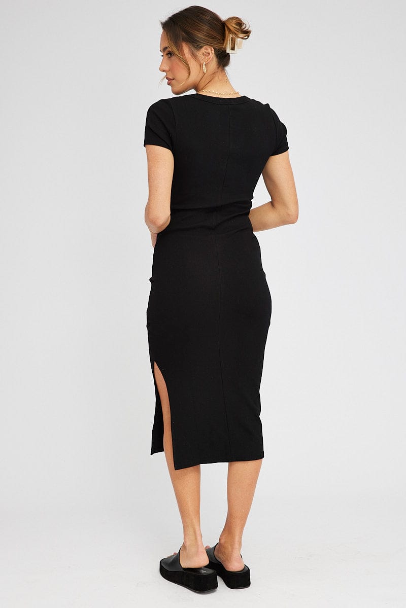 Black Midi Dress Short Sleeve Rib