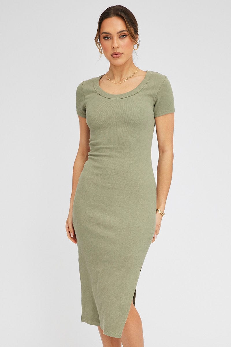 Green Midi Dress Short Sleeve Rib