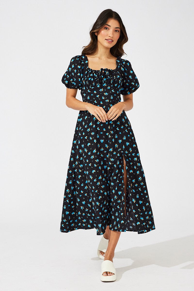 Blue Floral Midi Dress Puff Sleeve Midi