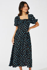 Blue Floral Midi Dress Puff Sleeve Midi