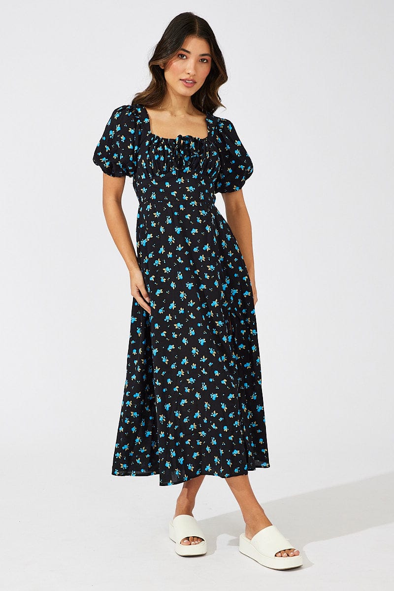 Blue Floral Midi Dress Puff Sleeve Midi