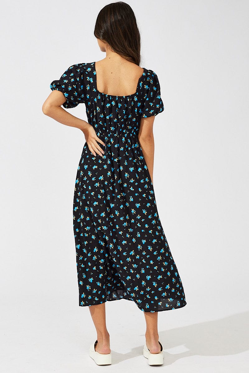 Blue Floral Midi Dress Puff Sleeve Midi