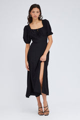 Black Midi Dress Short Sleeve Ruched Bust