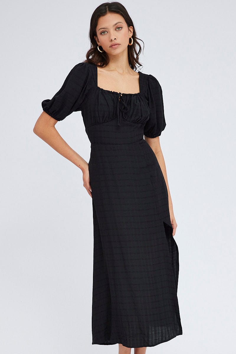 Black Midi Dress Short Sleeve Ruched Bust