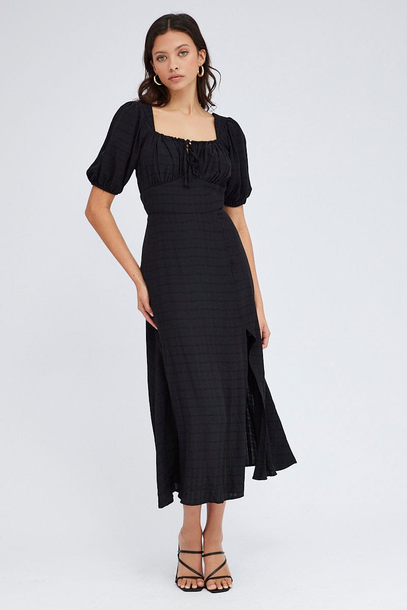 Black Midi Dress Short Sleeve Ruched Bust