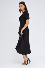 Black Midi Dress Short Sleeve Ruched Bust