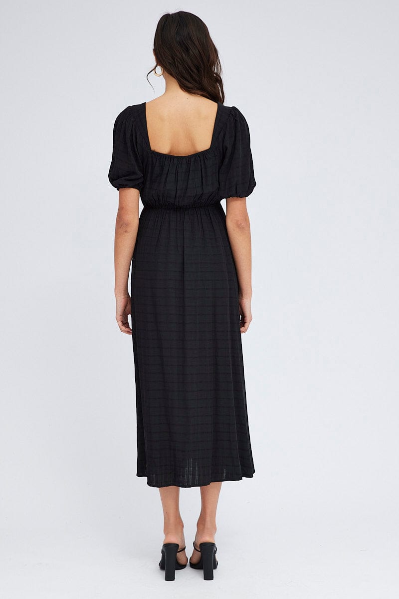 Black Midi Dress Short Sleeve Ruched Bust