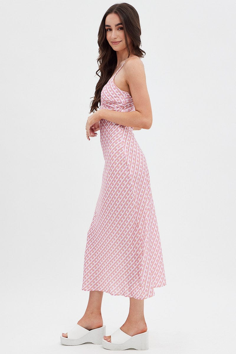 Pink Geo Midi Dress V-Neck Sleeveless