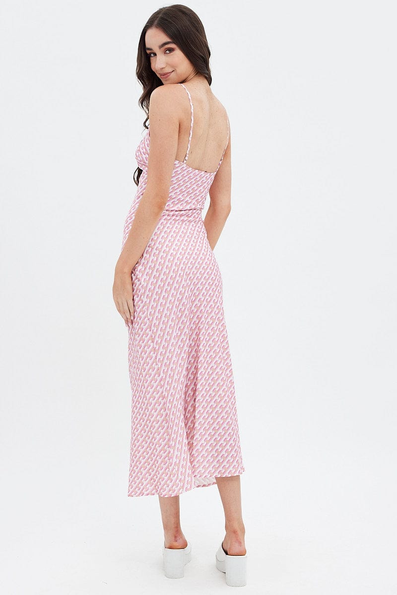 Pink Geo Midi Dress V-Neck Sleeveless