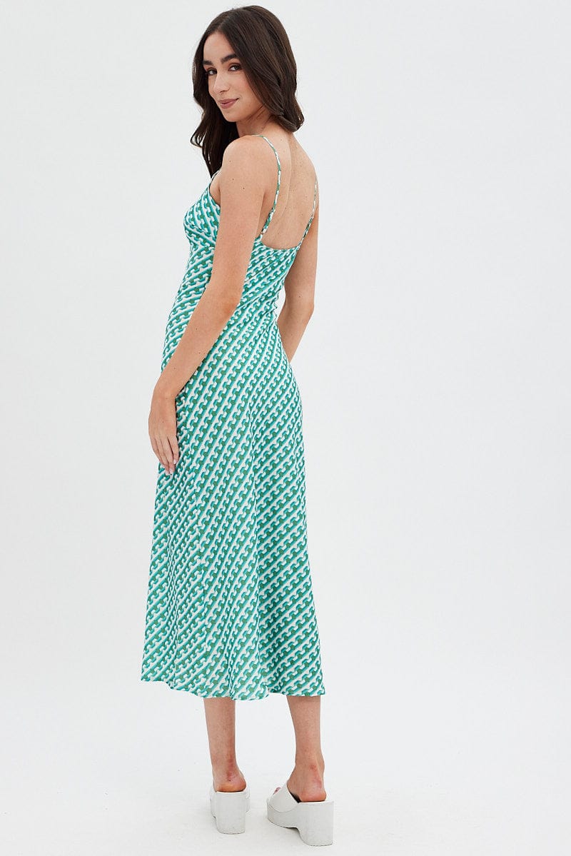 Green Geo Midi Dress V-Neck Sleeveless