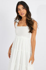 White Maxi Dress Shirred Bust Tiered