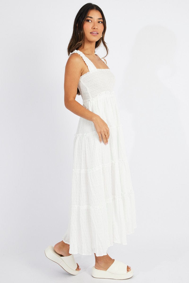 White Maxi Dress Shirred Bust Tiered