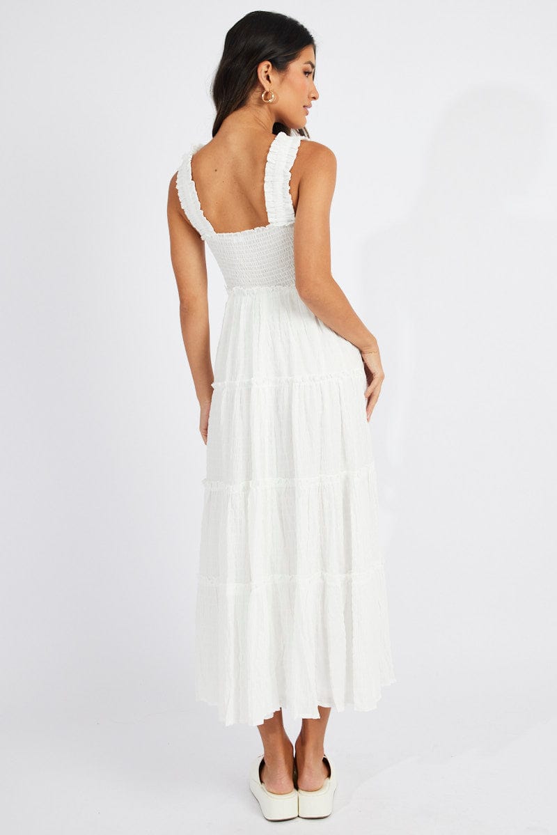 White Maxi Dress Shirred Bust Tiered